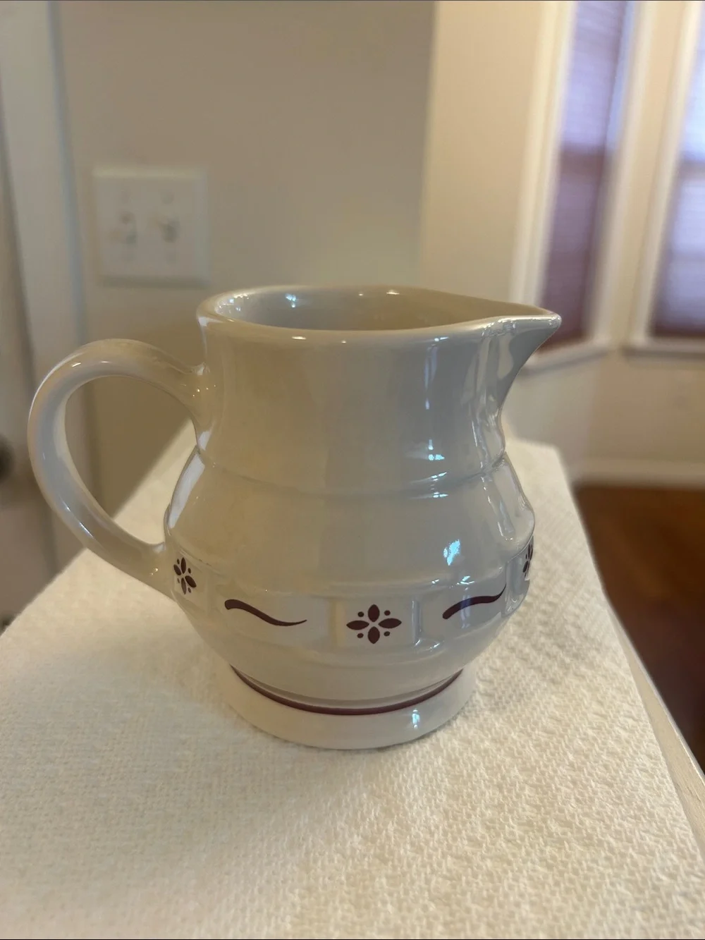Longaberger Vintage Cream Ceramic Serving Pitcher with Red Floral Band 1 Cup